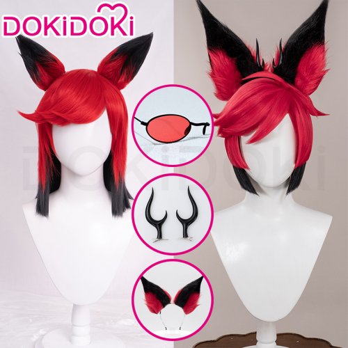Bild von Alastor Cosplay Kostüm Set – Vorgekräuselte Rot-Schwarze Perücke mit Ohren, Brille und Handschuhen für Anime Fans und Halloween