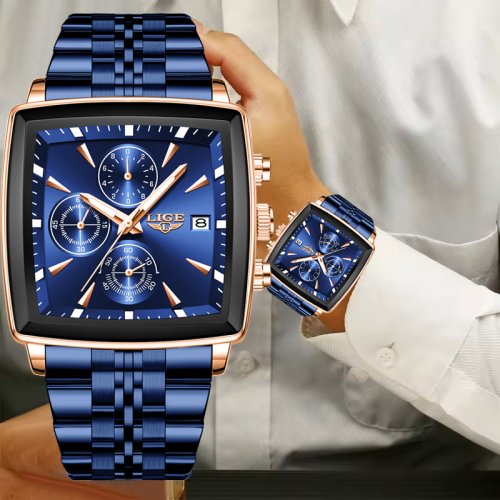 Image of Luxury Men's Square Chronograph Quartz Watch - Fashion Military-Style Waterproof Sports Wristwatch with Bold Design