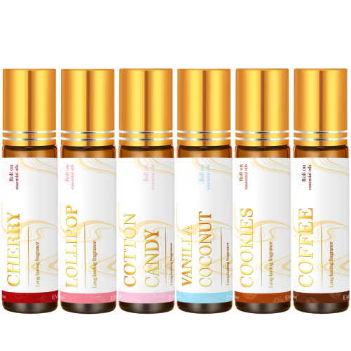 Afbeelding van 6-delige en 3-delige Roller Essentiële Oliën Set – Chocolade, Muskus, Lollipop, Vanille, Kokosnoot, Koekjes, Lavendel, Suikerspin, Framboos & Kersen – Perfect voor Geur & Ontspanning