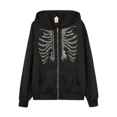 Image de Hoodie Gothique Y2K Strass Squelette - Noir