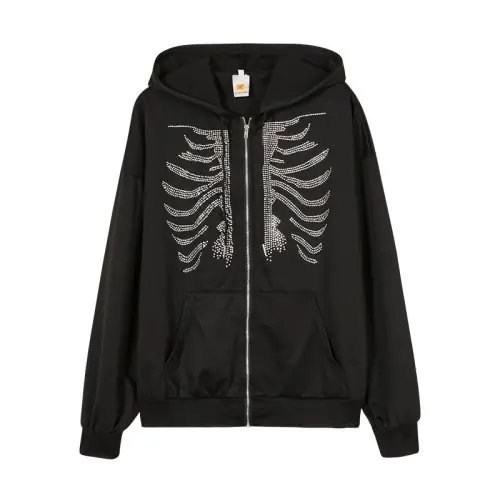 Image de Hoodie Gothique Y2K Strass Squelette - Noir