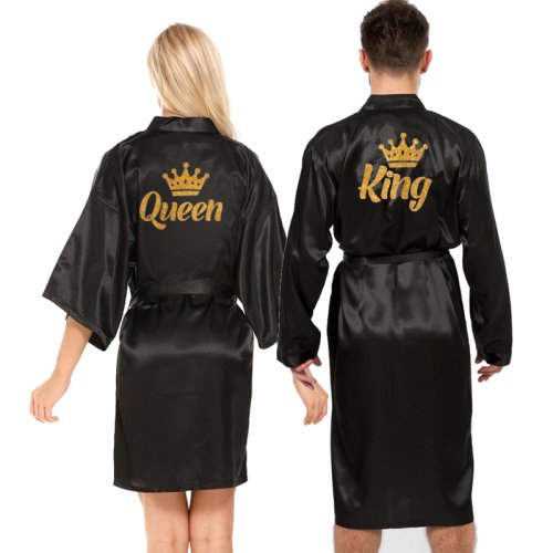 Bild von König und Königin Glitzer Kimono aus Satin mit Krone-Design – Romantisches Paar-Pijama-Set für Flitterwochen und besondere Anlässe