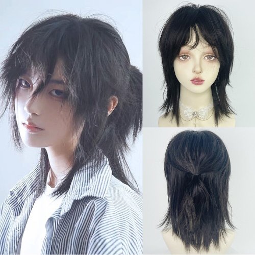 Bild von Kurze Vokuhila-Kopf-Perücken mit Pony, synthetische, gerade Anime-Männer, schwarz, grau, grünes Haar, Perücke für tägliches Party-Cosplay