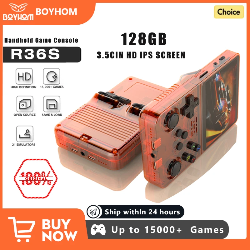 Imagen de Consola Portátil R36S de Código Abierto con 128GB, Sistemas Linux, Pantalla IPS de 3.5 Pulgadas y Reproductor de Vídeo en Color Naranja - Ideal para Juegos Clásicos y Modernos