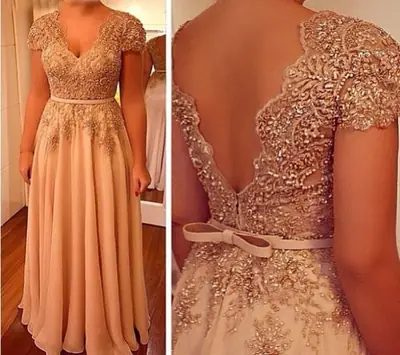 Image de Robe Maman de la Mariée Élégante Manches Courtes Col V Perlé
