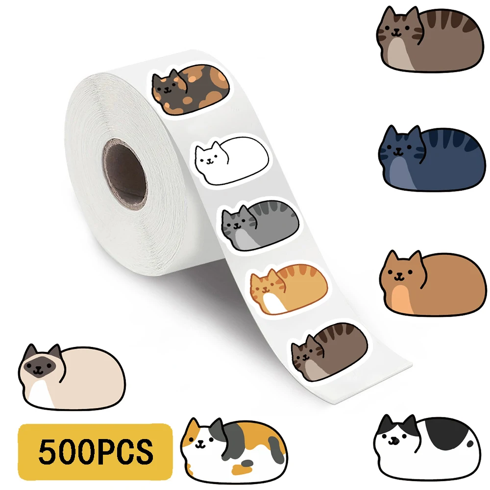 Image of 500-Pack Kawaii Cartoon Cat Roll Stickers – Waterproof, Cute & Durable for Laptops, Skateboards, Phones, Luggage & More