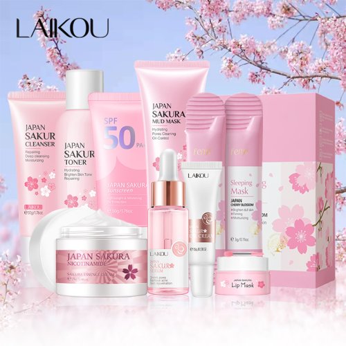 Image of 9pcs Facial Products Kit Sakura Skin Care Set Facial Cleanser Face Cream Sunscreen Facial Mask Eye Cream Korean Skincare Product