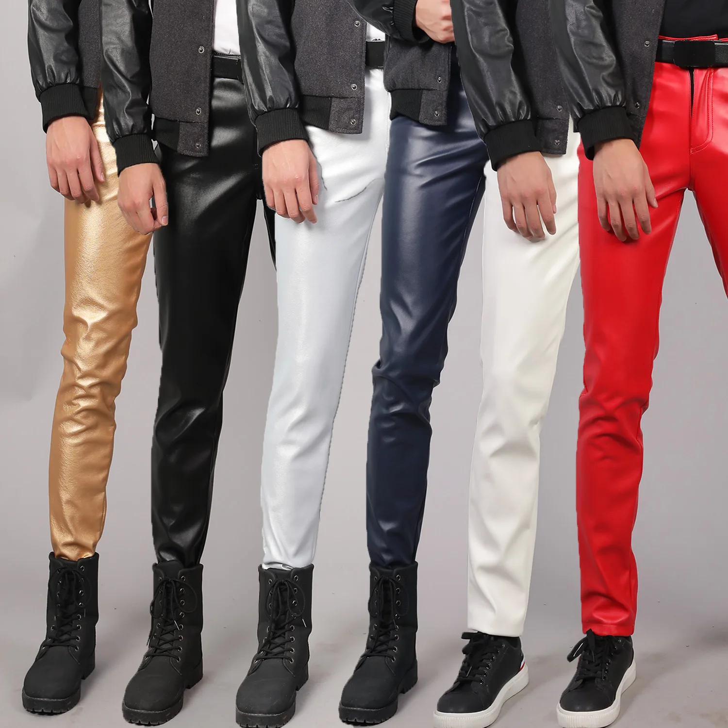 Imagen de Nuevos pantalones ajustados de piel sintética para hombre, pantalones de motociclista informales de moda para hombre en negro/rojo/blanco, pantalones de PU para uso diario