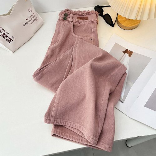 Image of Korean-Style Pink High-Waisted Wide-Leg Denim Jeans for Women – Spring & Autumn Straight Leg Raw Edge Pants with Gentle Simple Design