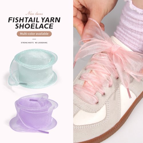 Zdjęcie Eleganckie sznurowadła z organzy 4 cm w stylu fishtail wave – białe, ozdobne sznurówki do sneakersów i obuwia sportowego