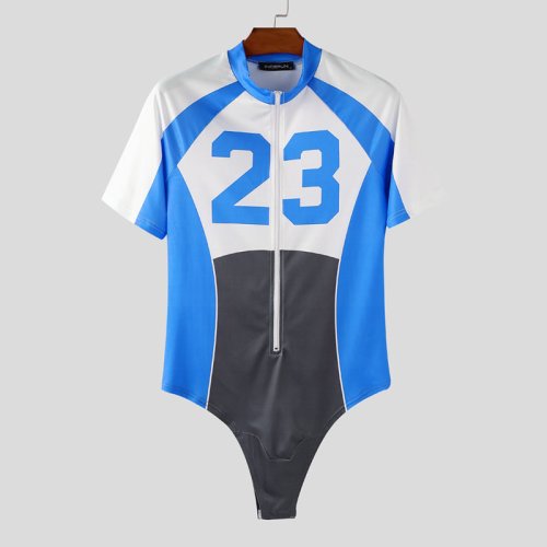 Afbeelding van Herensportbody met Patchwork Ontwerp en Rits – Korte Mouwen, Casual Bodysuit voor Workout en Bodybuilding 2025