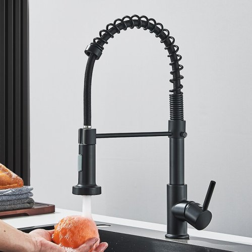 Immagine di Rubinetto da Cucina a Scomparsa Nero Opaco con Doppia Modalità, Miscelatore Cromato per Acqua Calda e Fredda, Rubinetto per Gru in Ottone con Molla per Lavello