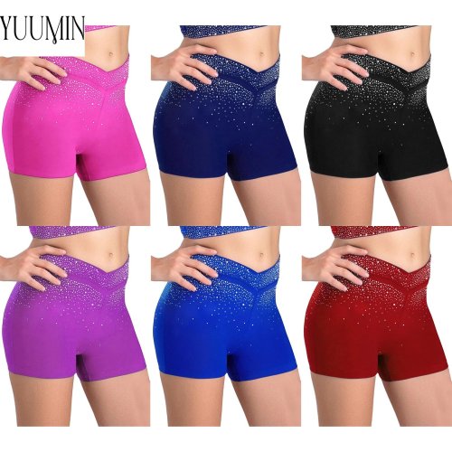 Image of Girls Sparkling Rhinestone V-Front Elastic Waistband Shorts for Figure Skating, Dance, Gymnastics, Acrobatics, Performance, and Party Wear