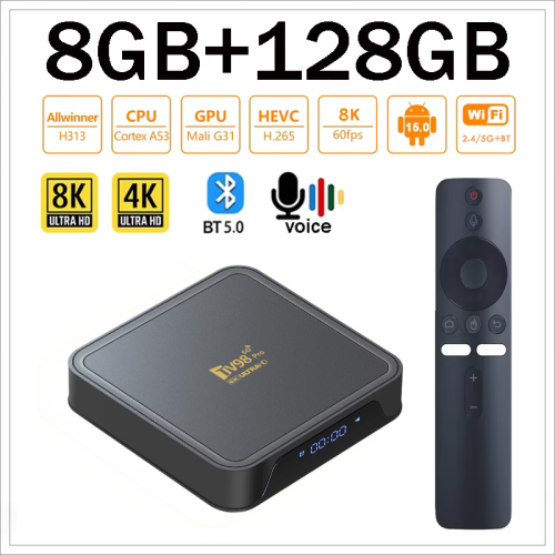 Bild von TV98 Pro Android 14 TV-Box mit Allwinner H313, 8K/4K HD-Medienplayer, Dual-Band WiFi 4G/5G, Bluetooth 5.0, 8GB RAM, 128GB Speicher und Sprachfernbedienung inkl. IPTV-Funktionalität