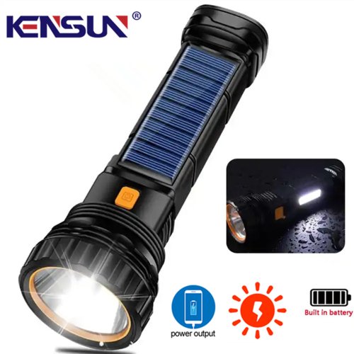 Image of All-in-One Solar LED Flashlight with Power Bank: Rechargeable Outdoor Torch for Camping, Emergency, and Everyday Use