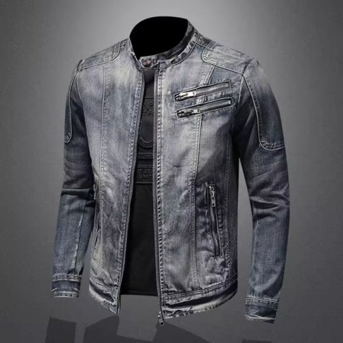 Image of Men Denim Jackets Coats Zipper Coat Slim Fit Casual Solid Turn Down Collar Full Sleeve Regular Jacket Autumn Winter 2024