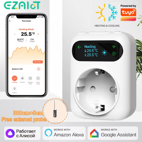 Afbeelding van Tuya WiFi Digitale Thermostaat met 16A Stopcontact, Afstandsbediening, Temperatuurregelaar, Tijdschakelaar voor Koeling en Verwarming met 3M NTC Sensor