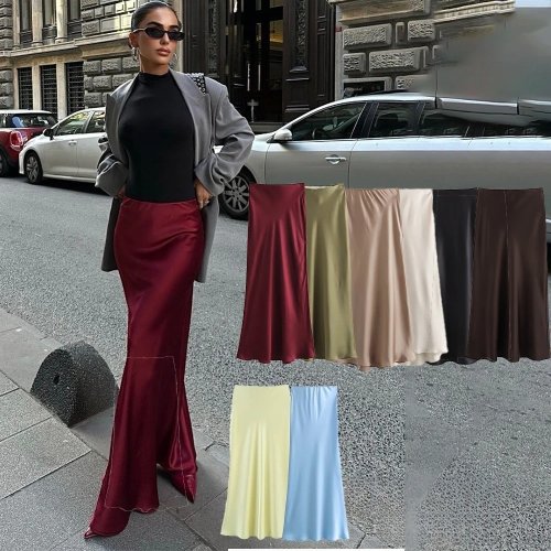 Imagen de Falda Larga de Satén Sólido para Mujer con Cintura Alta Elástica, Estilo Elegante y Moderno, Tendencia Primavera 2025