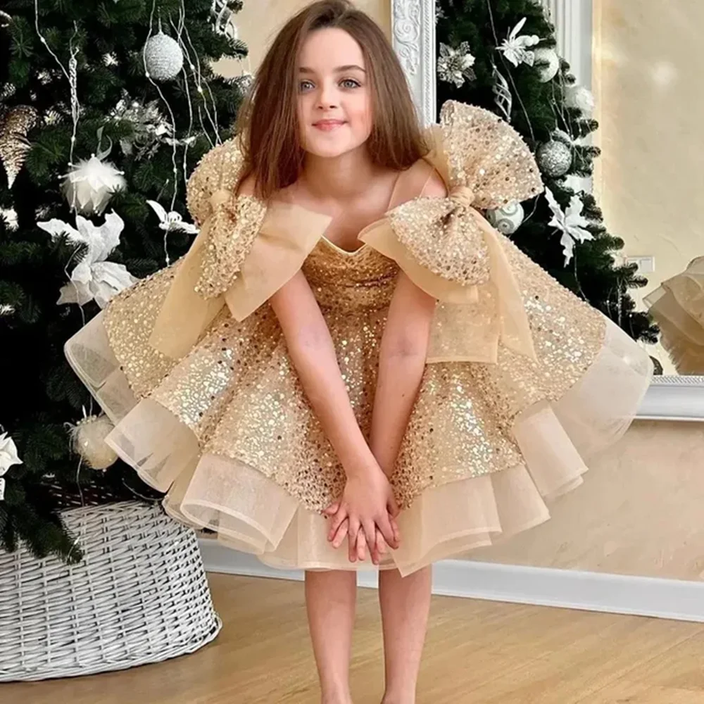 Imagen de Vestido de Niña Princesa con Flores en Color Champán