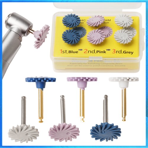 Imagen de 6 unids/set pulidor de goma Dental discos de pulido de resina compuesta sistema de diamante fresas RA rueda de pulido de odontología herramientas flexibles en espiral