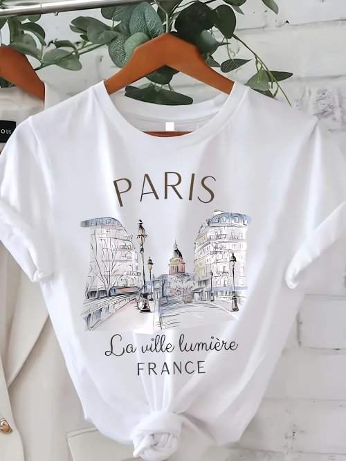 Image of Stylish Paris-Inspired Women's Short Sleeve Crew Neck T-Shirt – Casual Summer & Spring Top for Everyday Wear
