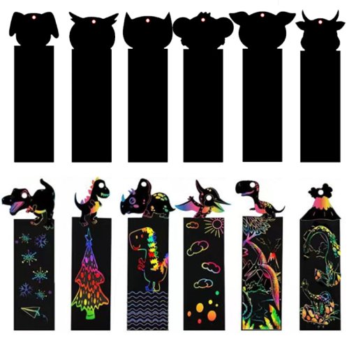 Imagen de 12 Marcapáginas de Papel para Rascar DIY - Juguetes Educativos para Niños, Rompecabezas Creativos con Pintura para Rascar, Regalo Ideal para Cumpleaños y Aprendizaje Temprano