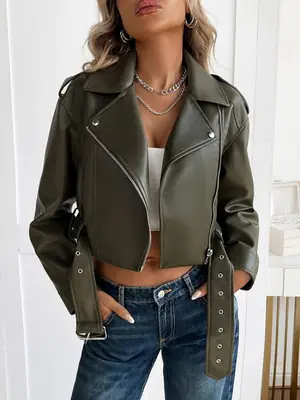 Image de Veste en Faux Cuir Femme Courte avec Ceinture