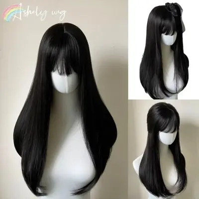 Image de Perruque Noire Longue Droite avec Frange - Style Lolita