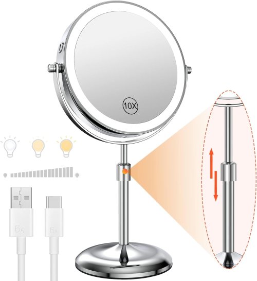 Bild von 8 Zoll Schmink spiegel mit Licht lampe 10x Vergrößerung 3 Farblich ter, einstellbare Helligkeit Höhe stehender Kosmetik spiegel