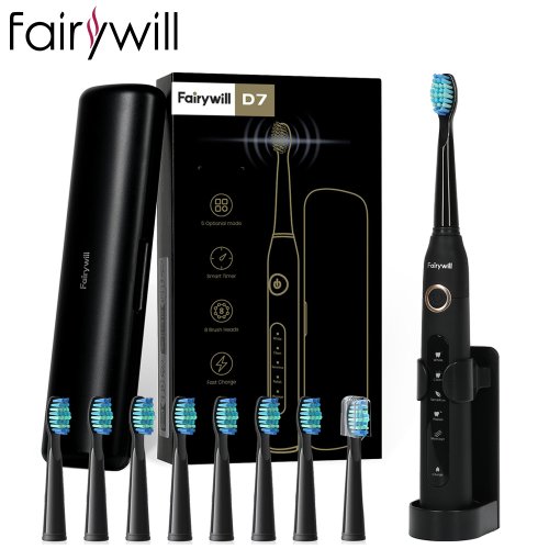 Imagen de Cepillo de Dientes Eléctrico Sónico Fairywill FW507 con Carga USB, Incluye 8 Cepillos de Repuesto y Estuche de Viaje Impermeable