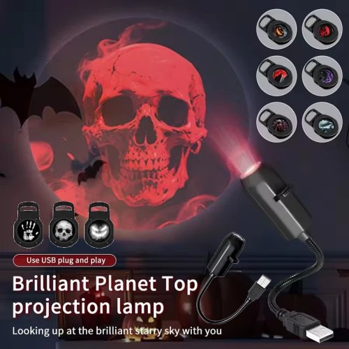 Bild von Halloween-Weihnachten-Mond-Projektionslampe mit Schädel-und Geist-Mustern, USB-betrieben, atmosphärisches Nachtlicht für Festlichkeiten und Dekoration