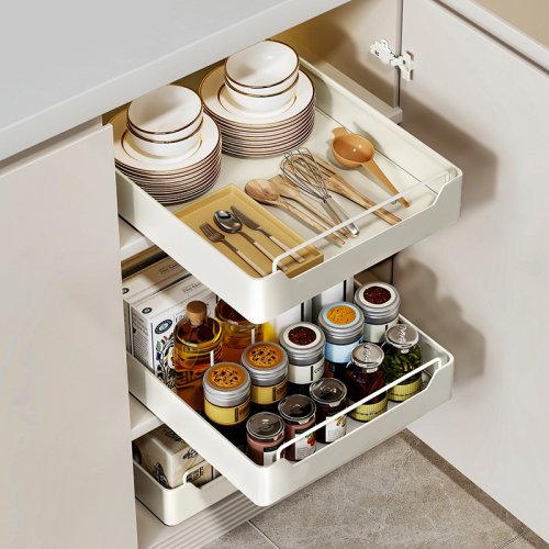 Imagen de Caja de almacenamiento de cocina con riel deslizante, armario extraíble, estante de almacenamiento, despensa de especias, cajón, cesta organizadora de cocina