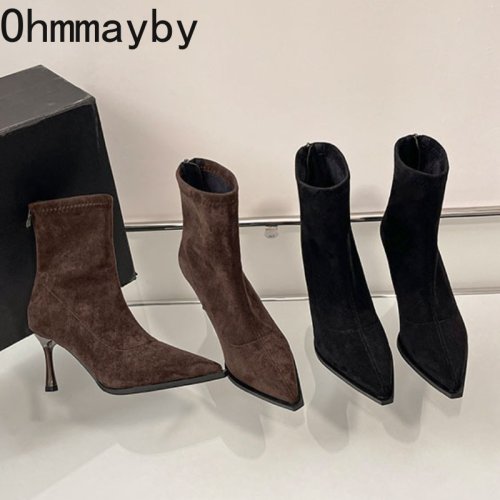 Image of Elegant Pointed Toe Women's High Heel Ankle Boots – Stretch Slim Fit Fashion Booties for Autumn & Winter Parties and Dancing