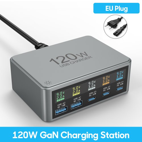 Afbeelding van 120W Desktop Snellaadstation met 5 USB-C & USB-A Poorten, Digitaal Display en PD 30W voor iPhone, Samsung, Xiaomi en Tablets