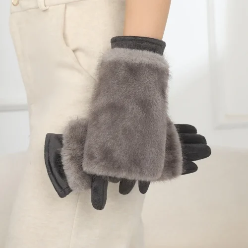 Immagine di Guanti da donna in pelliccia di coniglio autunno e inverno più velluto ispessito antivento e caldo g...