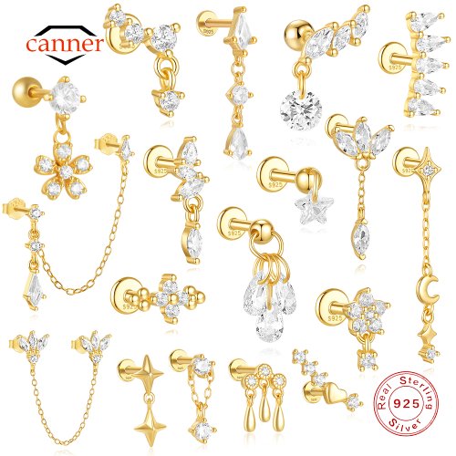 Imagen de Pendiente de Plata Estrella de Cuatro Puntas con Borla de Luna y Cartílago de Loto, Diseño en Espiral, Tipo Botón, Joya Fina 925 para Mujer