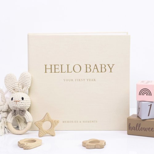 Immagine di ERATOPIC Tessuto di lino Hello Baby Memory Libro ricordo Rilegatura a spirale nascosta Diario di memoria per bambini per regalo baby shower