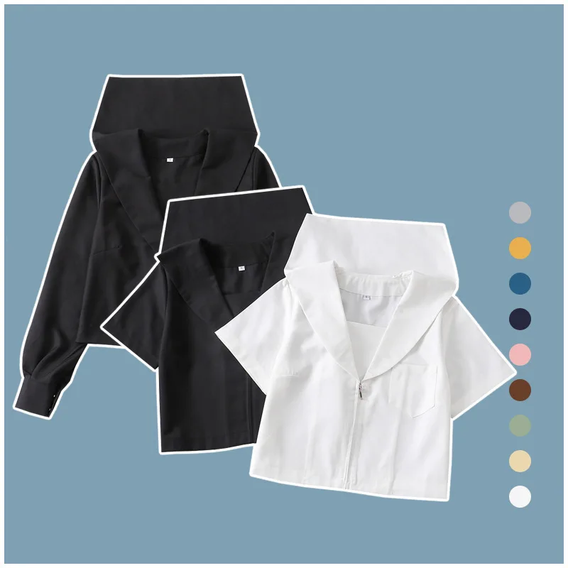 Afbeelding van Japanse Seifuku Schooluniform voor Meisjes - Wit Zwart Zomer Korte Mouw Sailor Suit Top, JK Uniform voor Studenten