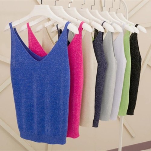 Immagine di Canotta Donna Senza Maniche in Setina Brillante con Scallo a V, Top Sexy Lavorato a Maglia, Camis Sottile Lucido con Glitter e Bling per Club e Occasioni Speciali