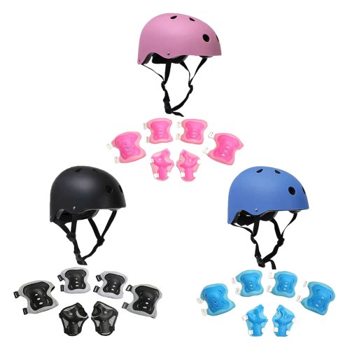 Immagine di Set Completo di Protezioni per Bambini con Casco Antiurto 7 in 1, Traspirante e Resistente, Ideale per Sport All'Aperto come Pattinaggio e Skateboard