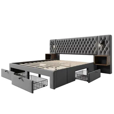 Image de Lit Capitonné avec Tables de Chevet et USB - Design Élégant