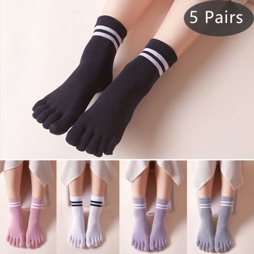 Image of Soft Cotton 5-Finger Toe Socks for Women & Girls – Breathable, Elastic, Invisible Striped & Solid Harajuku Style Short Socks (5 Pairs)