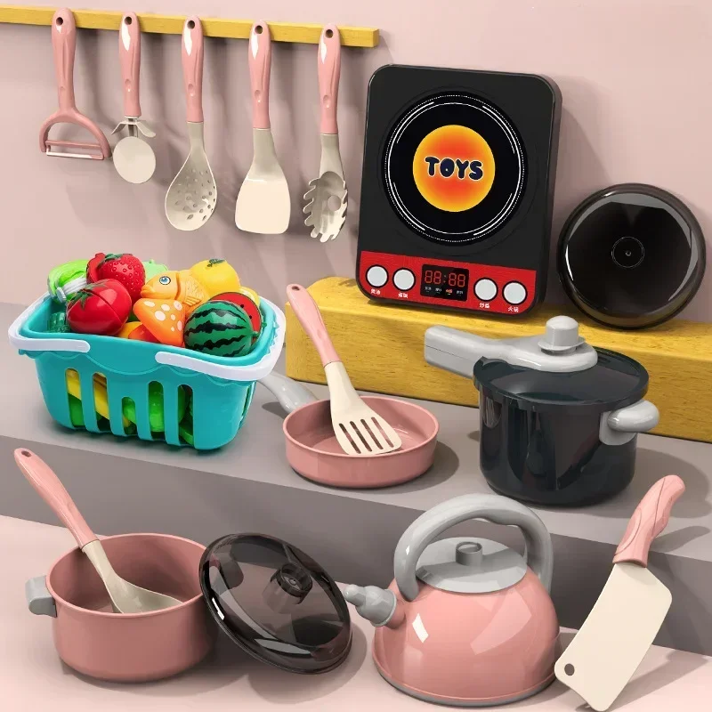 Imagen de Juego de juguetes de cocina para niños, 28 Uds., Kit de accesorios de cocina con ollas para jugar, comida de imitación, juguete de cocina, regalos para niños y niñas