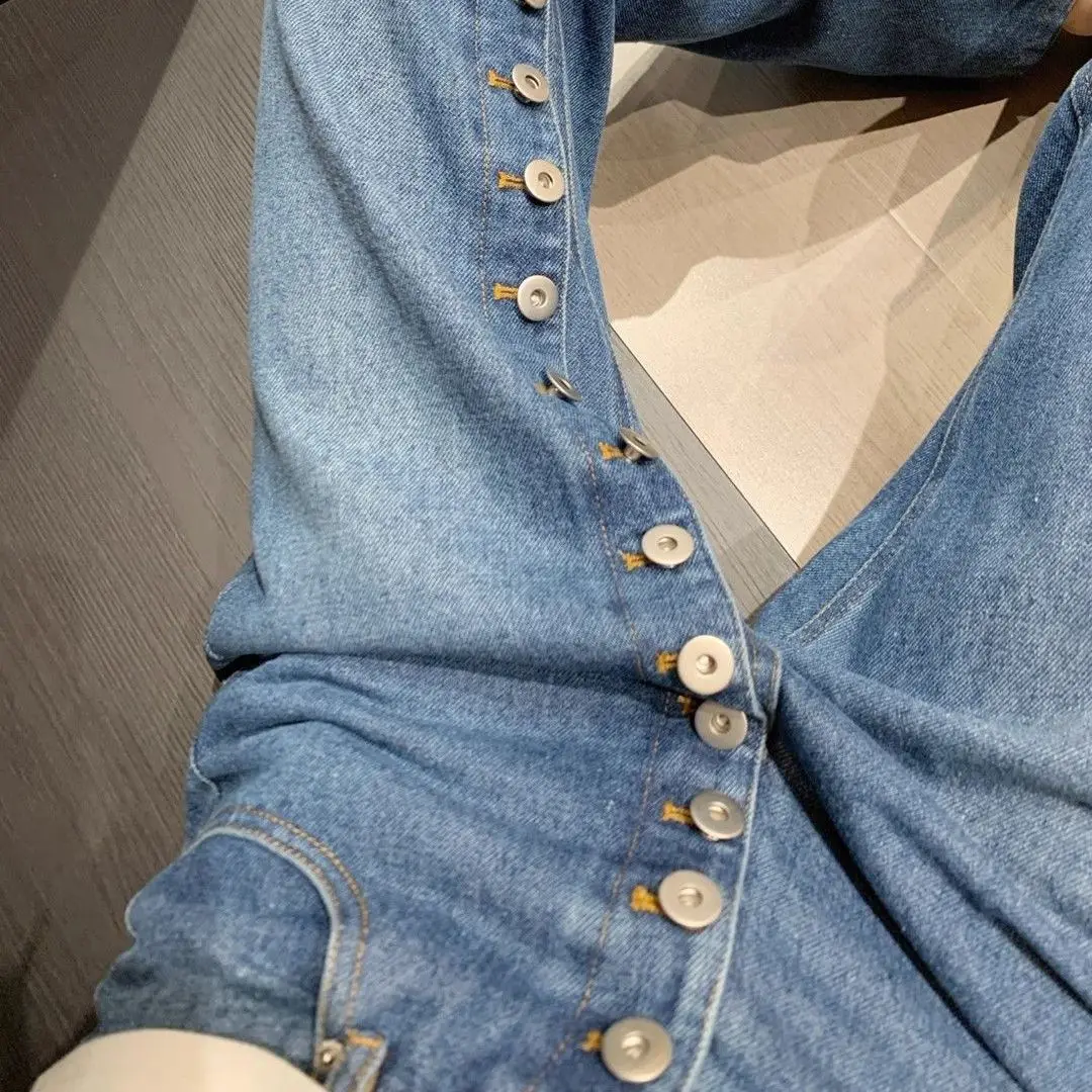 Imagen de Pantalones vaqueros rectos con diseño de botonadura de calle americana para mujer, pantalones ajusta...
