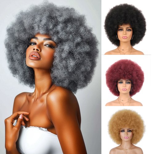 Image of Premium Gray Ombre Afro Wig - Short Curly Kinked Synthetic Hair for Men and Women, 70s Style Bouncy Fluffy Puff Wig for Parties and Everyday Wear