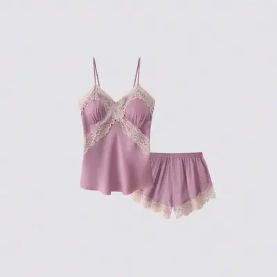 Image de Pyjama Sexy en Satin avec Dentelle - Ensemble 2 Pièces