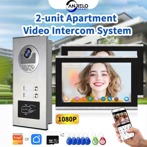Imagen de Videoportero Inteligente Anjielo Tuya para Apartamentos con 2 Unidades, Tarjeta RFID, Desbloqueo por Aplicación y Cámara 1080p con Cable