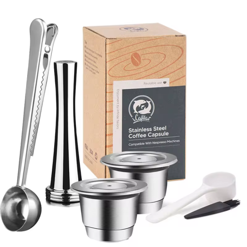 Image of Eco-Friendly Stainless Steel Reusable Nespresso Coffee Capsules with Refillable Filter for Sustainable Brewing