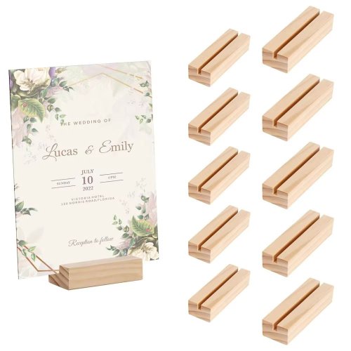 Image of Elegant Wooden Card Holder Stand for Weddings, Parties & Home Decor – Natural Wood Photo Display Shelf with 10-20 Slots for Tabletop Arrangements