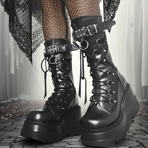 Image of Brand New Ladies Goth Platform Boots Fashion Rivet Buckle Punk Wedges High Heels women's Boots Party Street Cosplay Woman Shoes